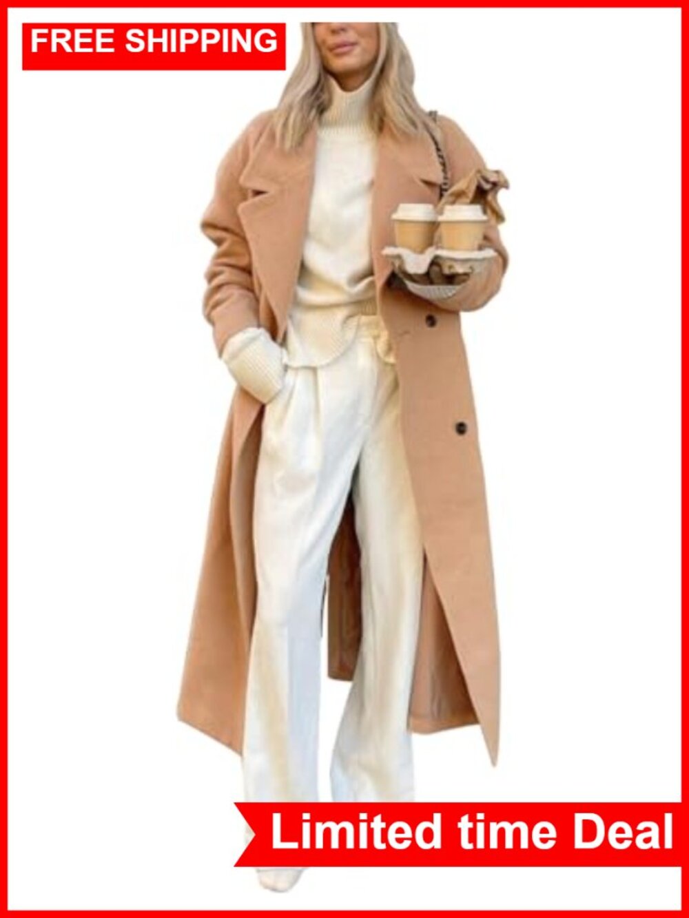Womens Long Wool Blend Overcoat Notch Lapel Double Breasted Winter